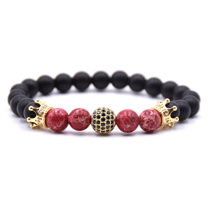 Golden Cz Bal & Crown Mannen Armbanden 8Mm Black Lucky Stone Kralen Armband Voor Vrouwen Mannen: 11