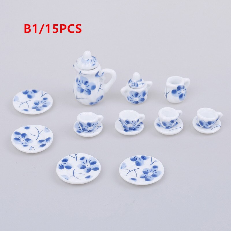 15Pcs 1:12 Miniature Porcelain Tea Cup Set Chintz Flower Tableware Kitchen Dollhouse Furniture Toys For Children: B1