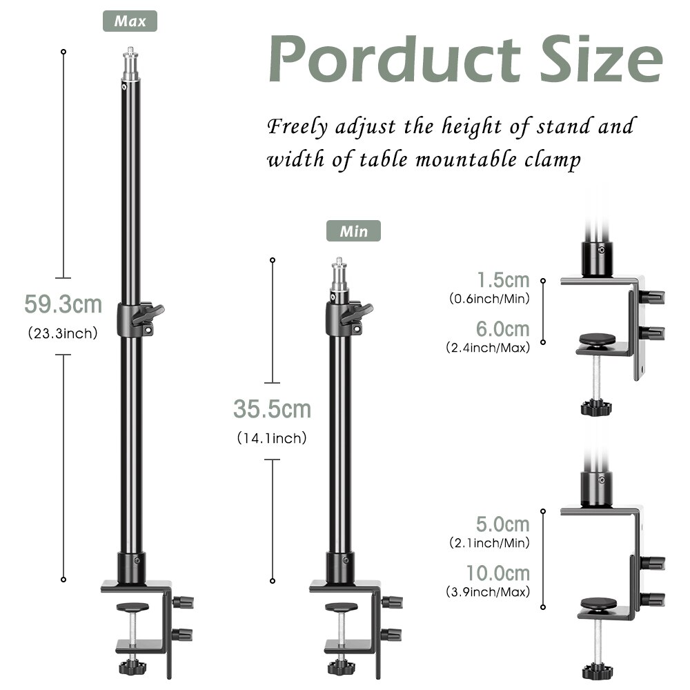 Support de lampe de bureau à pince C avec tête sphérique de 1/4 pouces, support de table réglable pour appareil photo DSLR, éclairage annulaire, moniteur vidéo