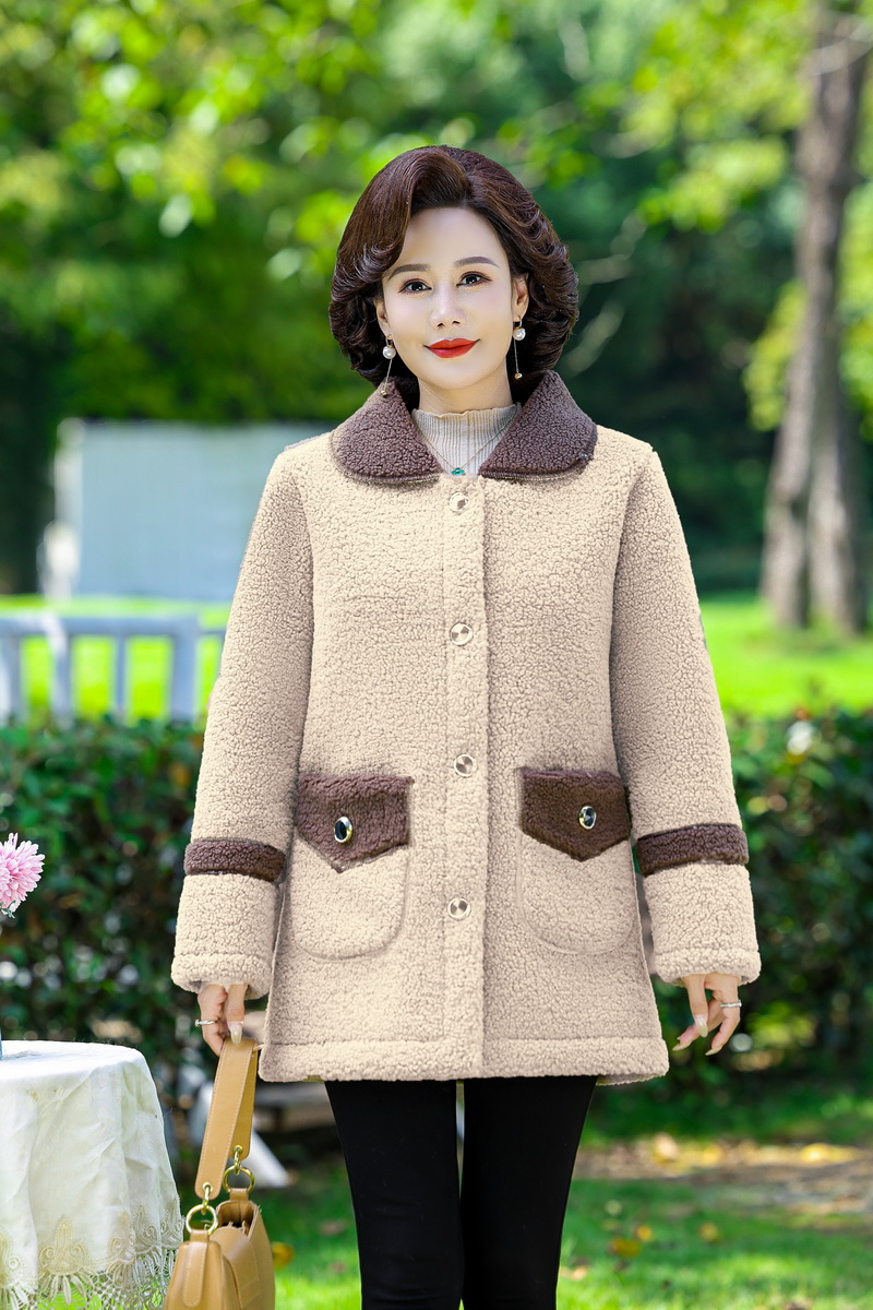 Chaqueta de Otoño Invierno para mujer, abrigo cálido de lana gruesa, abrigo de piel de cordero para mujer, vestido suelto medio largo para madre, chaqueta femenina: M / Beige
