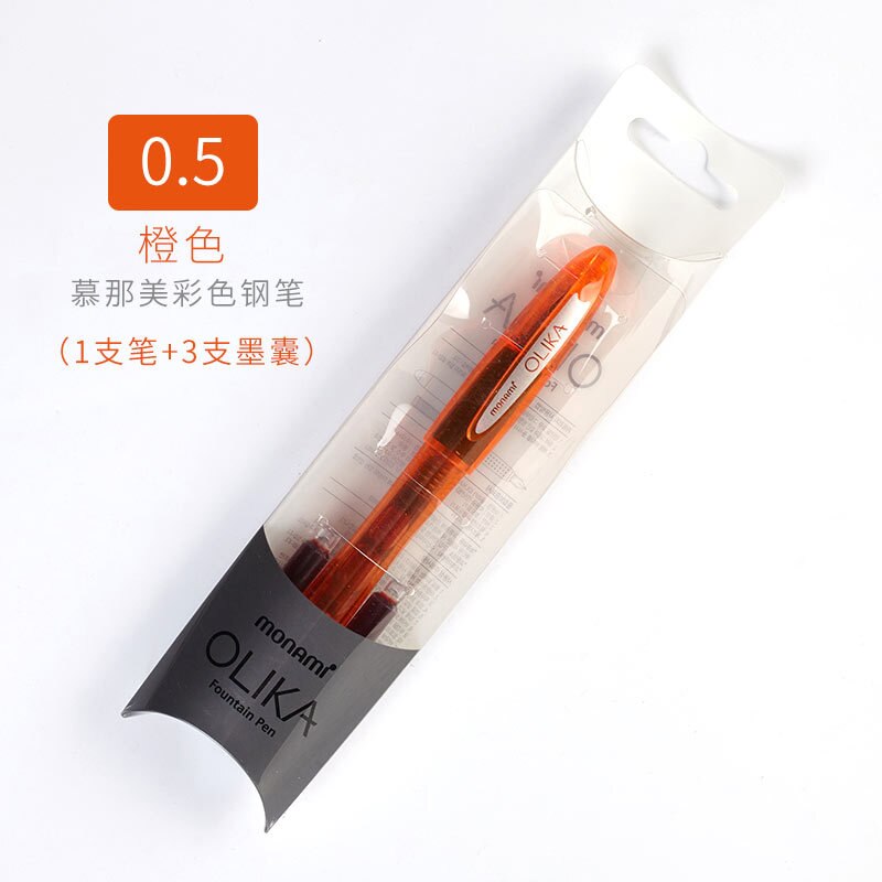 Korean Monami OLIKA Transparent Candy Color Ink Fountain Pen Set 0.5mm Meduim Fine Nib School PVC Plastic Sign Pen Ink Cartridge: Orange 0.5mm Set