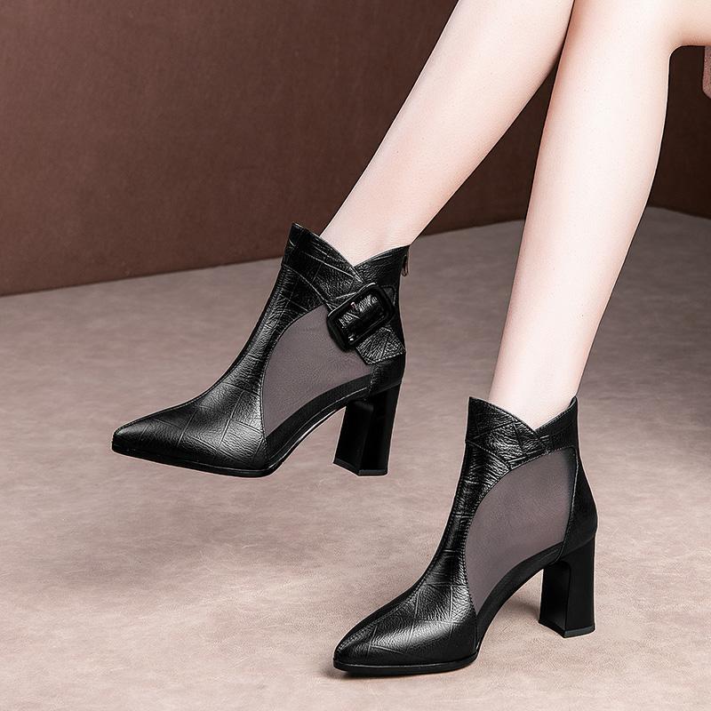 Soft Leather Mesh Sandals Boots Women's High Heeeld Summer Boot Pointed toe Woman Buckle Shoes Thick heel Back Zip Black