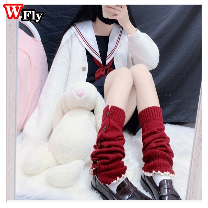 Calentadores de pierna con botón para mujer, medias, calentador de piernas JK Lolita Kawaii, tejido de lana, calentador de piernas, conjunto de botas de manga