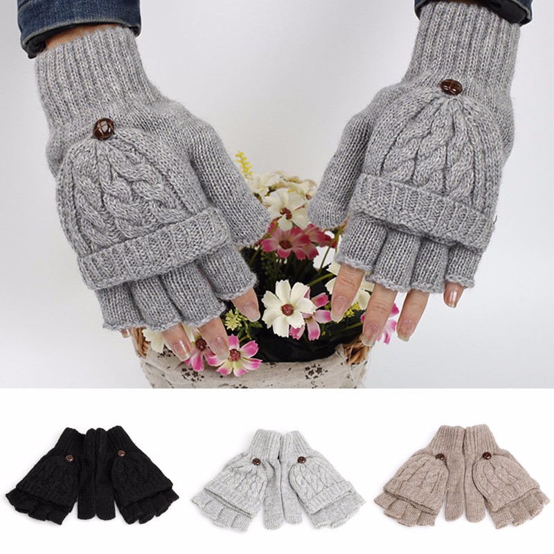 Kvinder mænd solid vinter bløde fingerløse handsker vanter strikket handske håndvarmer
