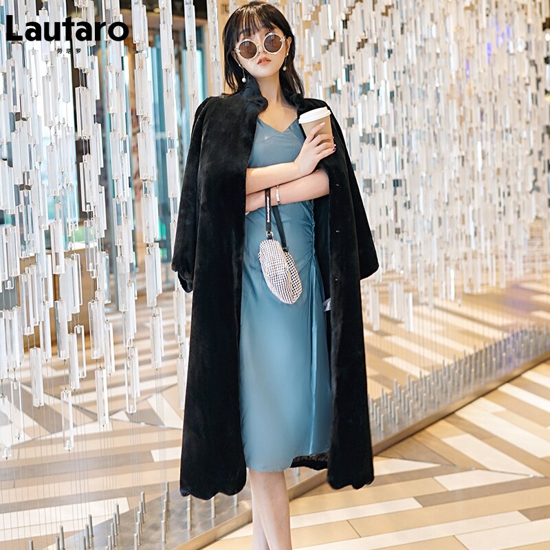 Lautaro winter lange zwarte imitatiebontjas voor dames met opstaande kraag en een dikke, warme, pluizige jas, plus size dameskleding