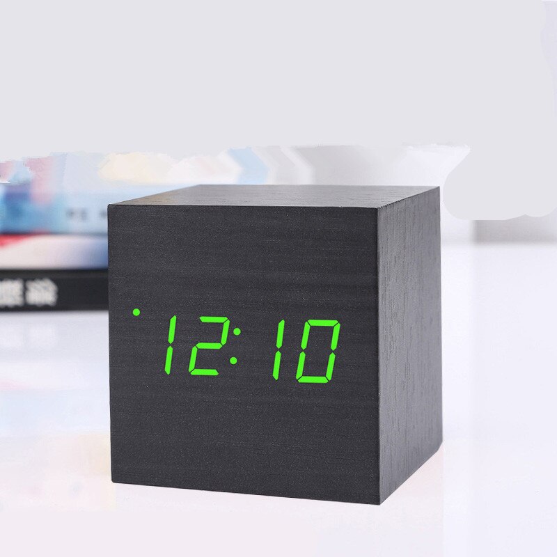 6*6cm Sounds Control Wooden Alarm Clock Modern Wood Digital LED Table Clock Thermometer Date Display Alarm Watch: Black