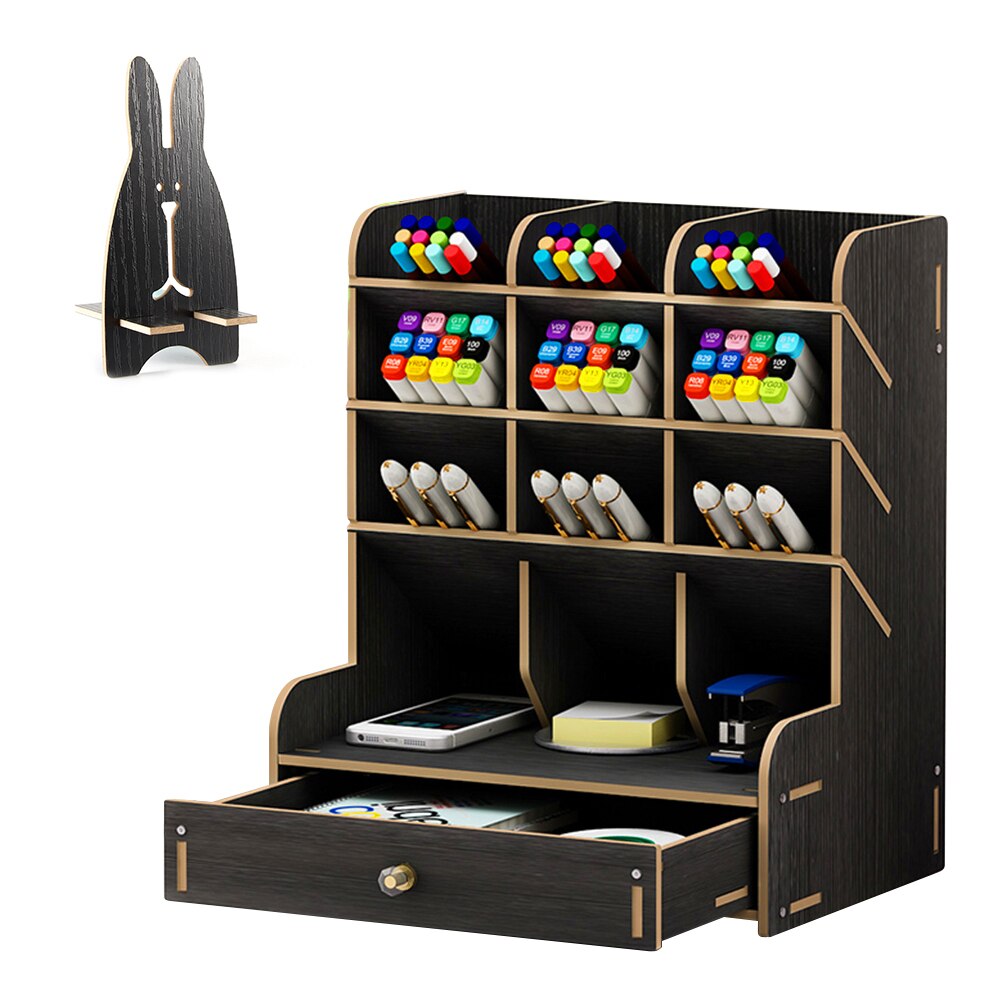 Multi-Function File Tray Wood 13 Grids Desktop Stand Holder Cosmetic Brush Storage Box for Pencil Pen Cosmetic Brush Jewelry: Black