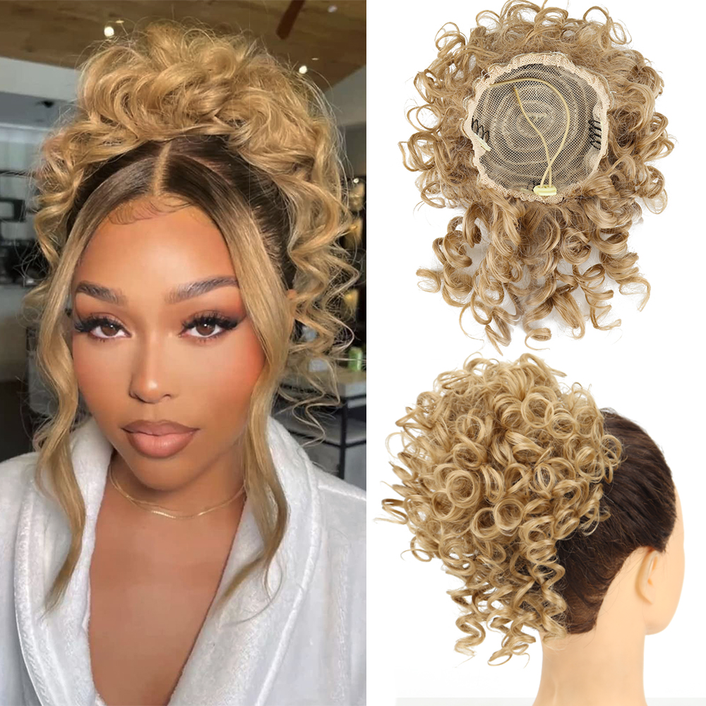 Coque de cabelo bagunçado, peça de cabelo com cordão elástico, onda solta, grande coque encaracolado, 60 gramas, extensão de rabo de cavalo sintético curto para mulheres: P1B/613