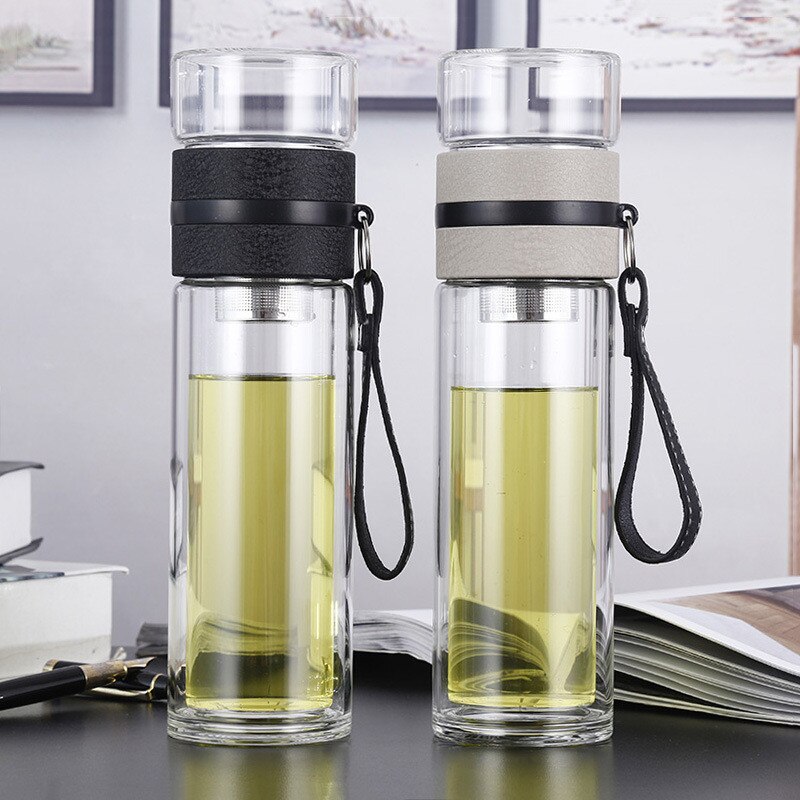 Transparant Glas Reizen Water Flessen Met Zetgroep Dubbele Wand Hittebestendig Draagbare Outdoor Theekop Drinkware