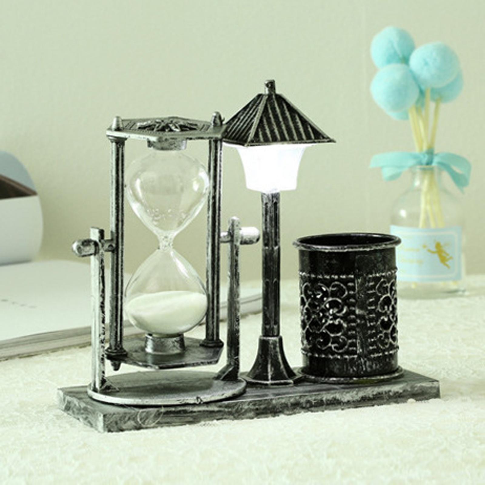 Retro Unique Hourglass Pen Holder with Built-in Light Crafts Glass Sand Timer Ornament for Home Office Decor --14x15.5cm