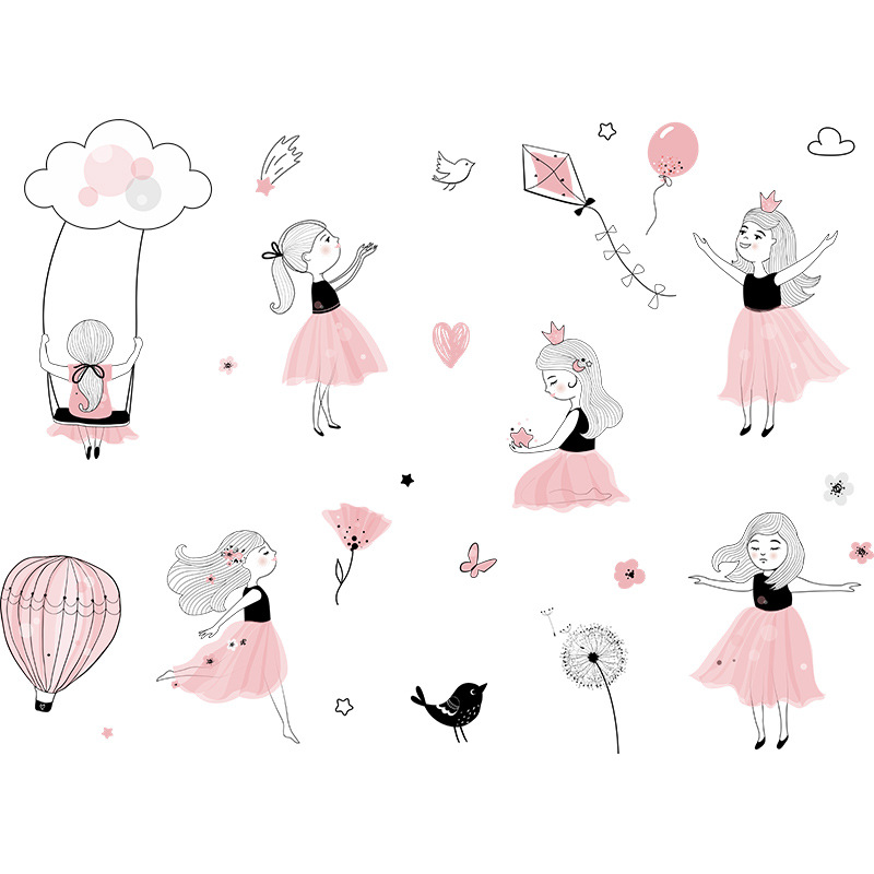 Pink Princess Playing Wall Stickers Cartoon Girl Vinyl Wall Decals for Children Baby Room Bedroom Decoration Girl Stickers Mural: Default Title