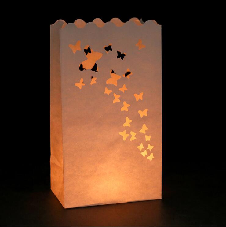 Lote de 20 unidades de portalámparas de té de doble Corazón, faroles de papel, bolsa de velas para decoración de fiestas navideñas o bodas: butterfly
