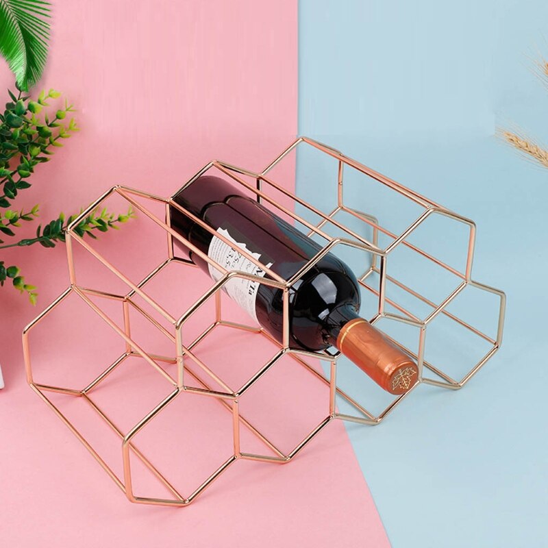 Moderne metal honeycomb vin rack vinflaske opbevaring bikube bordplade vin rack hexagon 9 flaske vin holder display