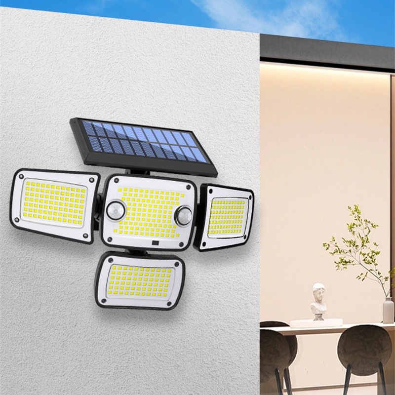 Solar buitenverlichting met 346/342 led's en 4 koppen, inclusief bewegingssensor, breedstralende beveiligingsschijnwerpers voor buiten, tuin, garage en parkeerplaats.