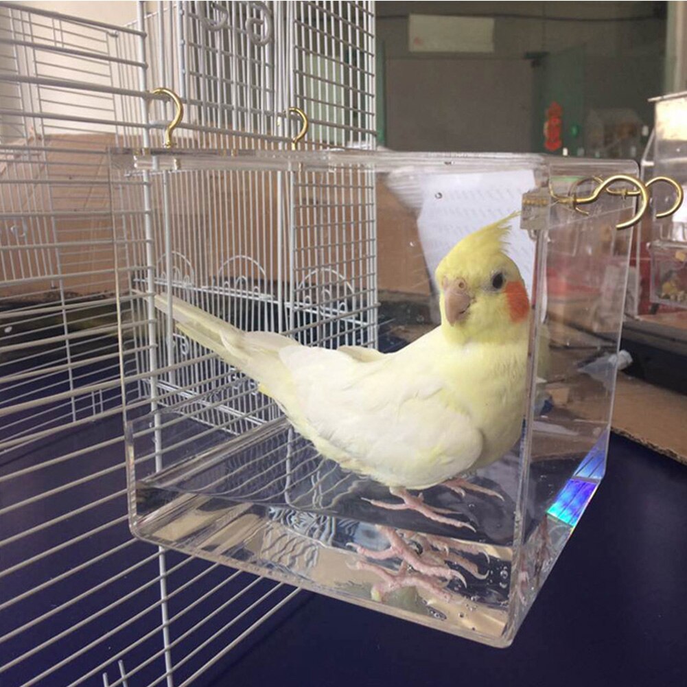 Papegøjer akryl med hængende kroge bruser cockatiel fugl badekar gennemsigtig kæledyr leverer parakitter bur hus rummelig rengøring: L