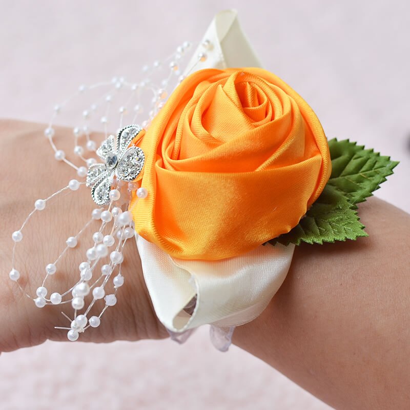 Bruidscorsage, bruidscorsage, polscorsage, parelarmband, handgemaakt polsbloemetje, bruidsmeisjeshandbloemen: Oranje