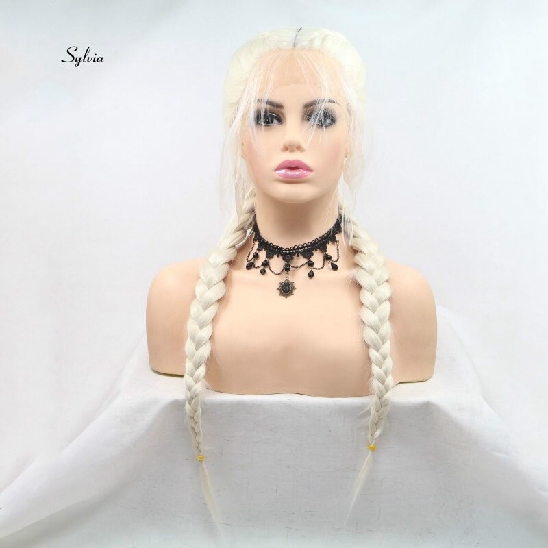 Sylvia Licht blond Doppel flechten Perücke Mit Baby Haar Synthetische flechten Spitze Vorderseite Perücken Wärme Beständig Faser Haar Mittelscheitel