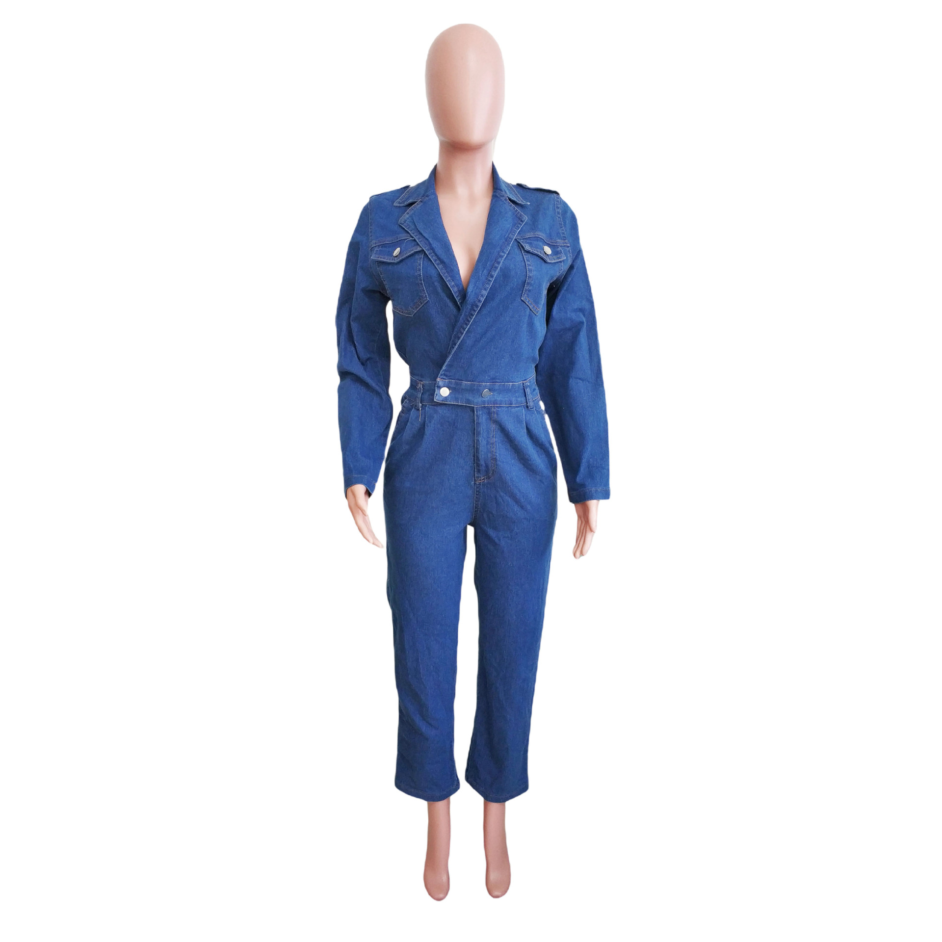 Demin overalls dame jumpsuits i ét stykke lange bukser med nedadgående krave, høj talje, streetwear,  y2k mom jeans, slim fit, sparkedragter