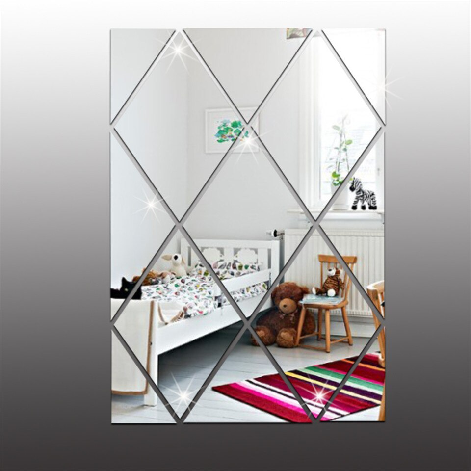 13 Stks/set Moderne Ruit Muur Spiegel Sticker Voor Badkamer Tv Achtergrond Milieuvriendelijke Ps Decal Home Decor Adhsive Behang: Silver