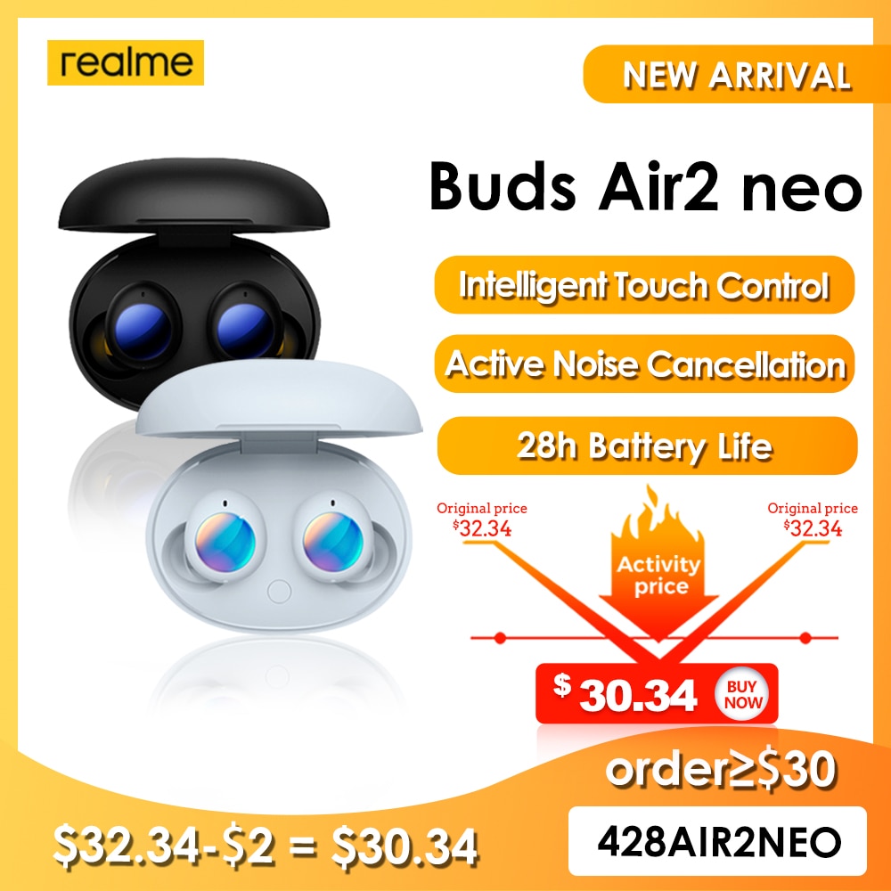 Realme Knoppen Air 2 Neo Bluetooth Oortelefoon IPX5 28H Batterij Life Intelligent Touch Control Actieve Ruisonderdrukking Snelle Lading