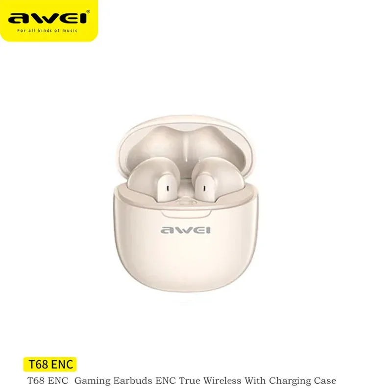 Awei T68 ENC słuchawki douszne z redukcją hałasu 5.3 słuchawki Bluetooth z 4 Mic bezprzewodowy zestaw słuchawkowy Gamer HiFi Bass Sound słuchawki sportowe: Beżowy