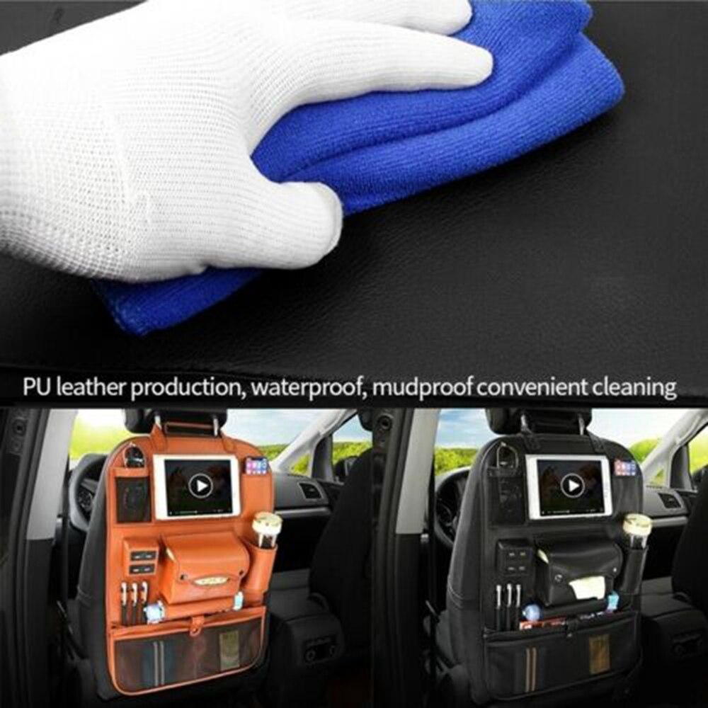 Car Storage Bag 4 USB Charger Pu Leather Travel Multifunction Pocket Stowing Tidying Car Seat Back Bag Car Organizer
