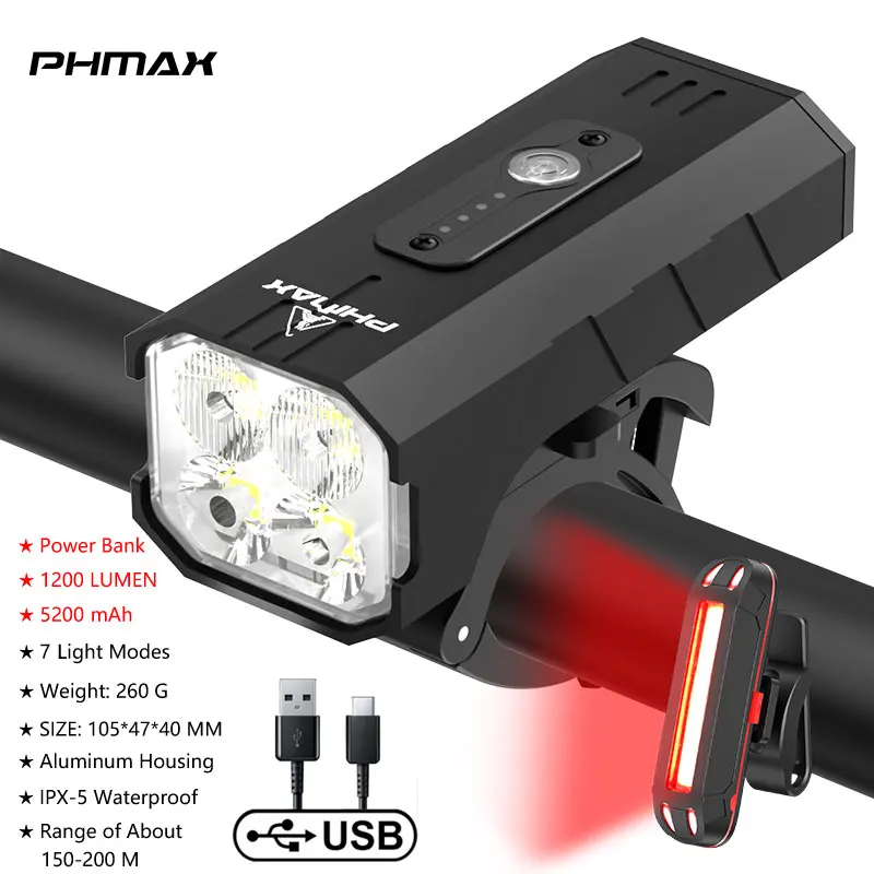 PHMAX Luce anteriore per bicicletta Faro per bici ricaricabile tramite USB 1500 lume Torcia per montagna bicicletta in alluminio impermeabile