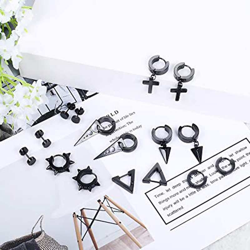 Wkoud 8 Pairs Rvs Punk Stud Oorbellen Voor Mannen Vrouwen Populaire Driehoek Kruis Klinknagel Oorbellen Scharnierende Hanger Ring Pierce