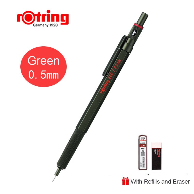 Rotring 600 Mechanical Pencils 0.5mm 0.7mm Drawing Sketching Pens Metallic Body Hexagon Holder: Green 0.5mm in Set