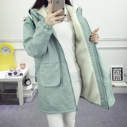 Winter fleece dames parka grote maat dames capuchon medium lengte warme winterjas gewatteerd roze blauw dames windjack kleding: Groene jas / Xl