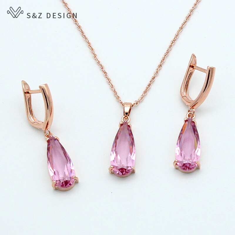 S &amp; Z 6 Kleur Lange Water Dangle Zirkoon Oorbellen Sieraden Set 585 Rose Goud Kleur Voor Vrouwen Koreaanse fijne Wedding Party Sieraden: RG pink