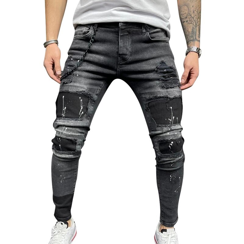 Biker Jeans Men's Distressed Stretch Ripped Biker Jeans Men Hip Hop Slim Fit Holes Punk Denim Jeans Cotton Pants Zipper jeans: M