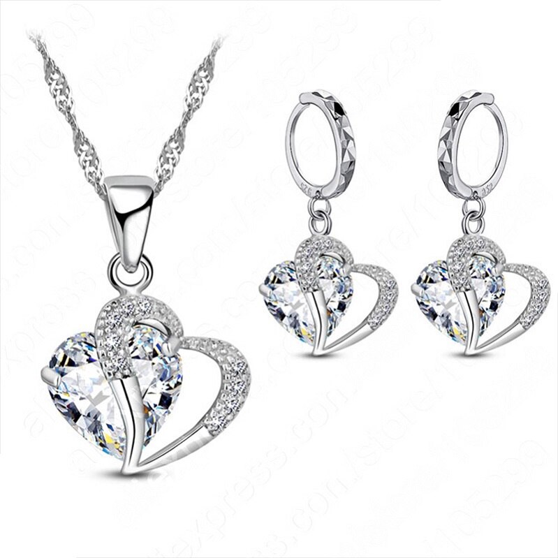 Luksus kvinder 925 sterling sølv cubic zircon halskæde vedhæng øreringe sæt brusk piercing smykker bryllup hjerte: Hvid