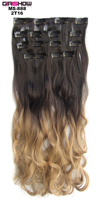 Girlshow Clip in on synthetic Dip dye Hair Extensions 7pcs/set 22" Long wavy Heat resistance fibre ombre Hair MS-888, 90g/set: MS-888 2T16