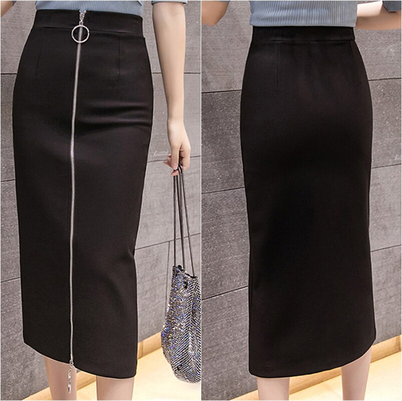 Flectit mujeres cremallera frontal Maxi falda lápiz con doble O-Ring bolsillo Bodycon faldas largas en negro Plus tamaño XXL *