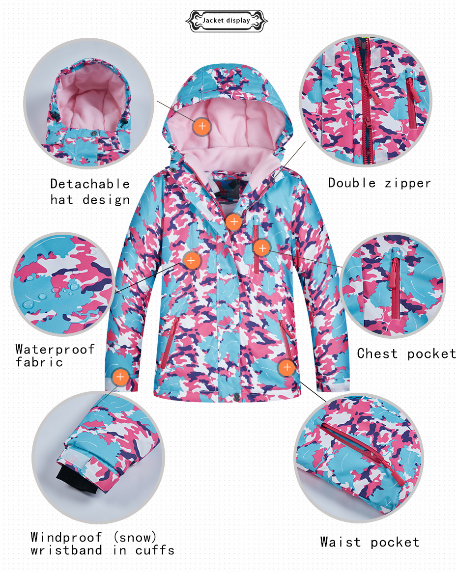 Crianças jaqueta de esqui inverno crianças à prova de vento impermeável super quente roupas de esqui meninas casaco de neve-30 inverno snowboard jaqueta marcas