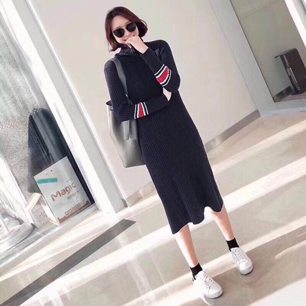 Beige Black Knitwear Dress Women Winter Office Clothing Long Sleeve Knitted Casual Turtleneck Sweater Midi Dress for Ladies: Black / M