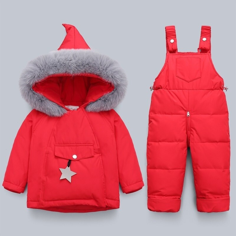 Crianças inverno quente para baixo jaqueta macacão crianças da criança do natal menina menino roupas casaco calças parka bebê macacão conjuntos de roupas: Grey red / 2T 80