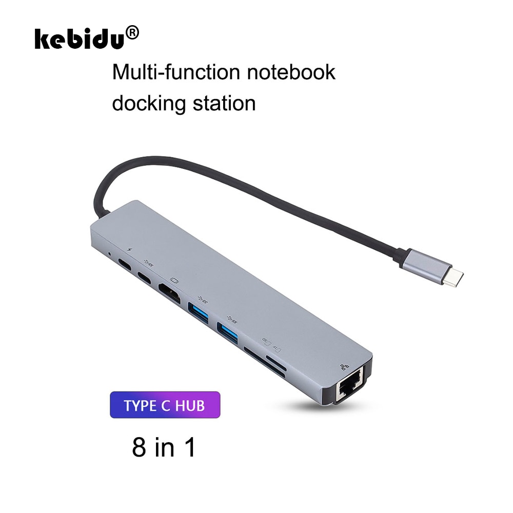 Hub USB tipo C 8 en 1, HDMI, RJ45, Ethernet, USB 3,0, puertos SD/lector de tarjetas TF, USB-C, PD, de energía para MacBook Pro