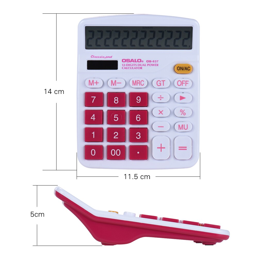 Handheld Colorful Standard Function Desktop Electronic Calculator Solar and Battery Dual Powered 12 Digits Rose Red