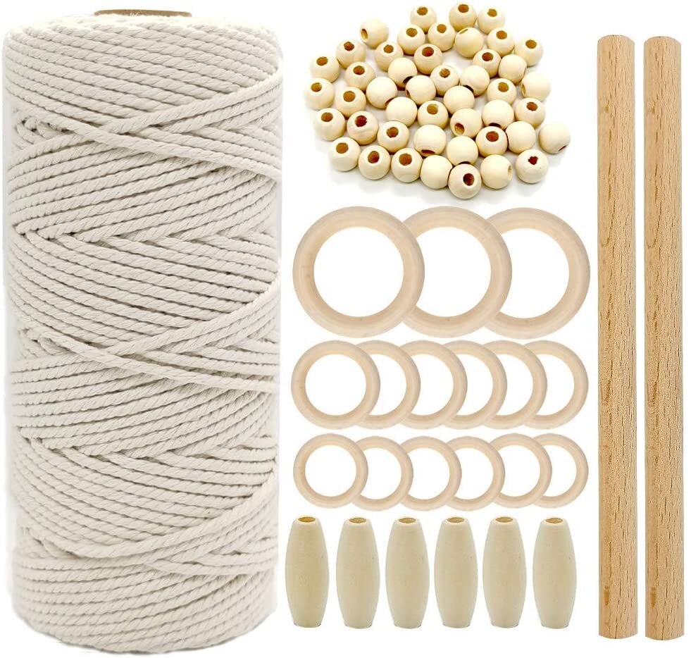 Wooden Craft Macrame Cord Natural Cotton Rope With Wood Stick Wooden Bead For Diy Teether Macrame Kit Wall Hanging Cotton #T2G