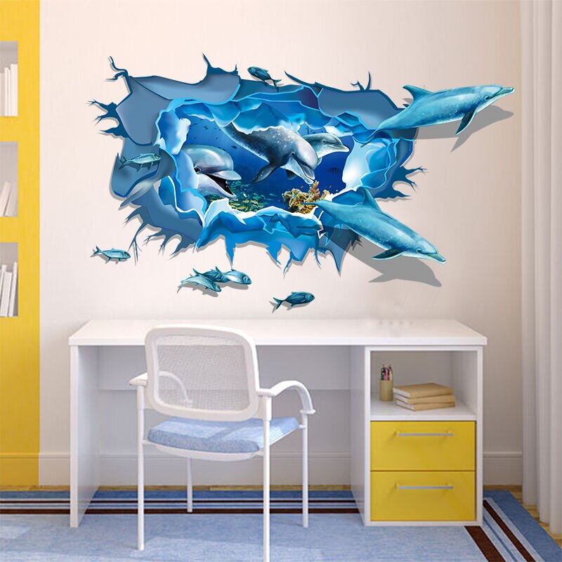 Under The Sea Wall Decals - Removable Vinyl Stickers Mural Art- 3D Dolphin Fish Blue Sea 3D Stickers Home Decor