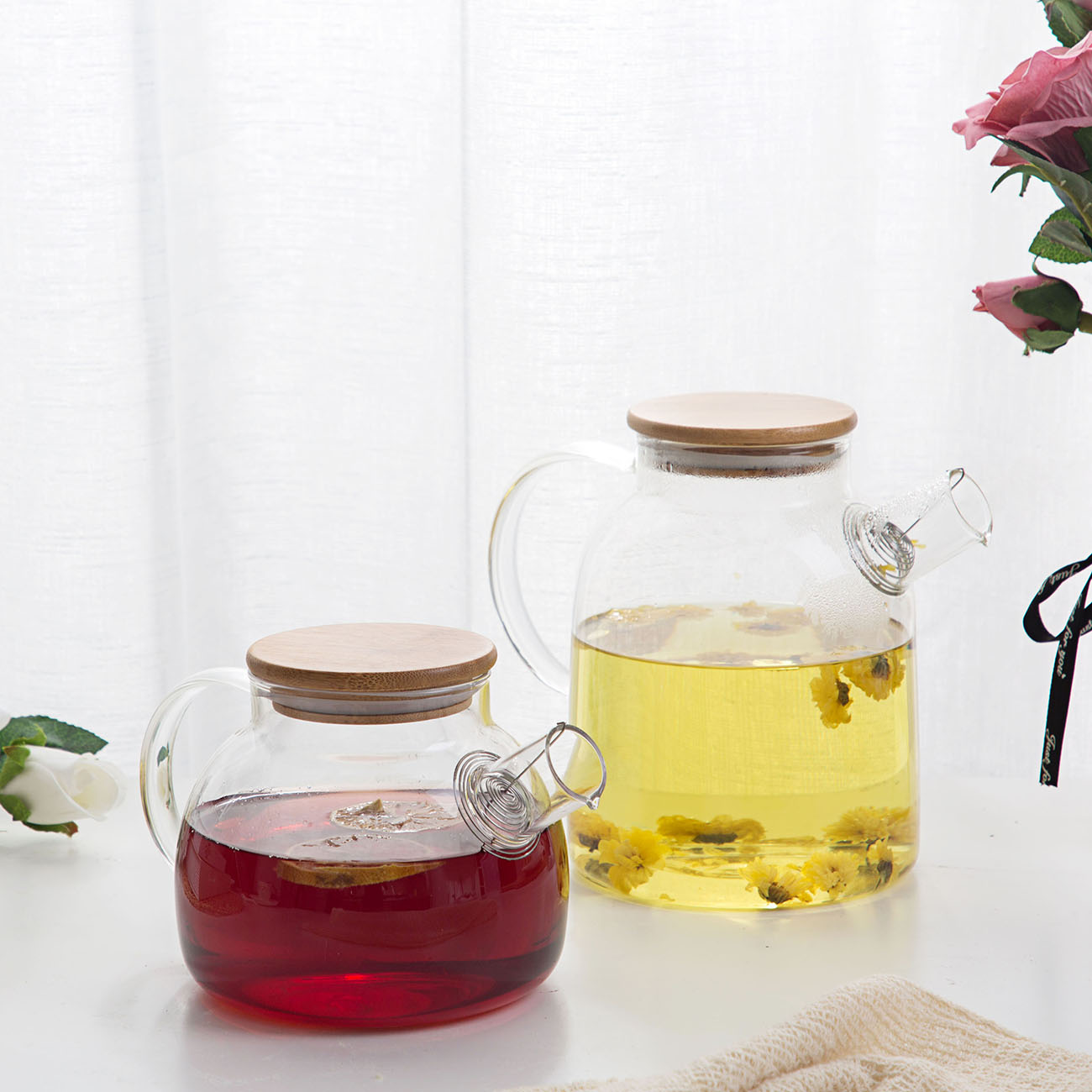 Tetera de vidrio de 1L/1.8L con filtro de bobina de alambre desmontable para té suelto resistente al calor jarra de agua /fría