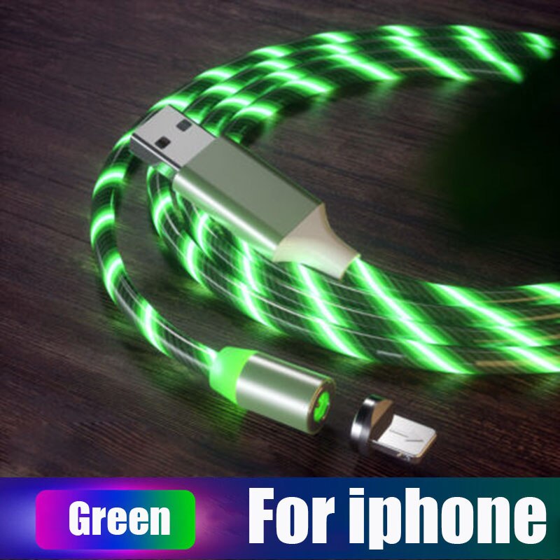 Lasaie Bunte Fließende Licht LED Magnetische Kabel Mikro USB Typ C Kabel Schnelle Ladung Magnetische Ladegerät Kabel für iPhone Xiaomi: Grün Pro iphone / 2m
