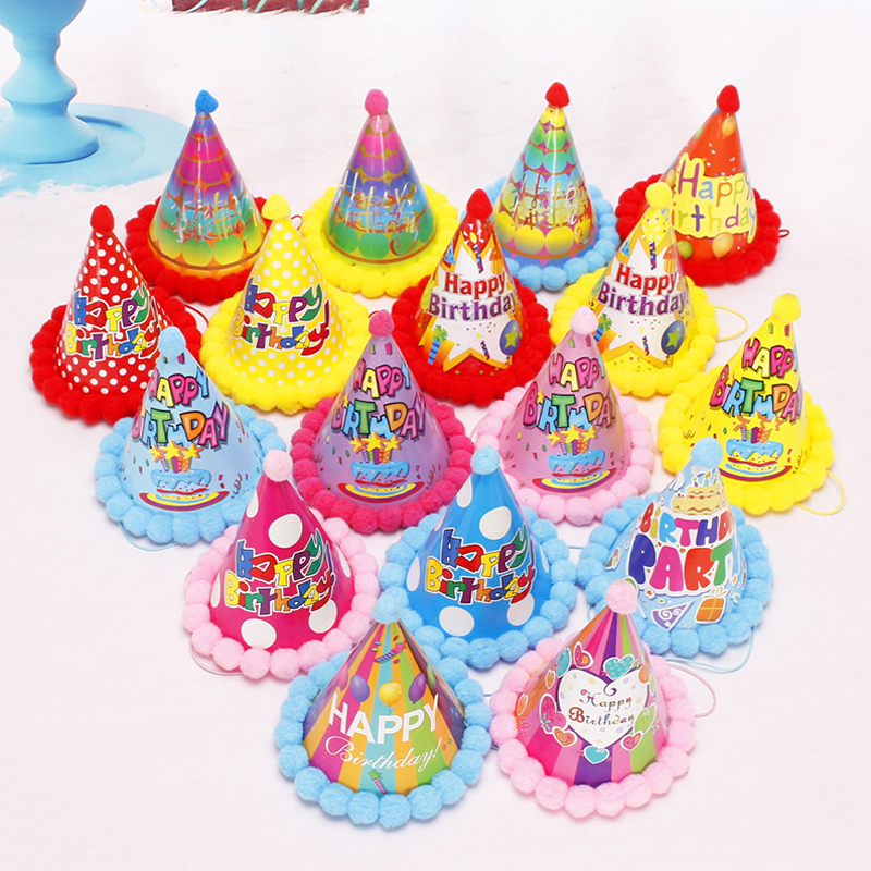 Plush ball cap baby birthday party decor cute crown headdress paper hat DIY conical hat children birthday party dress up supplie