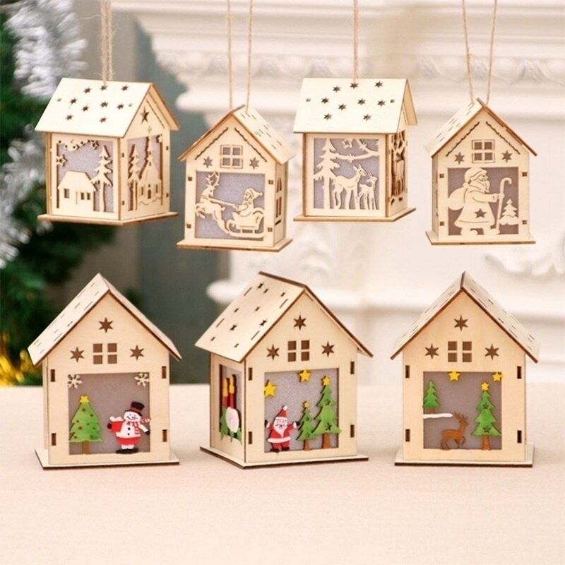 Christmas Led Light Wood House Cute Christmas Tree Hanging Ornaments Decoration Figurines Merry Christmas