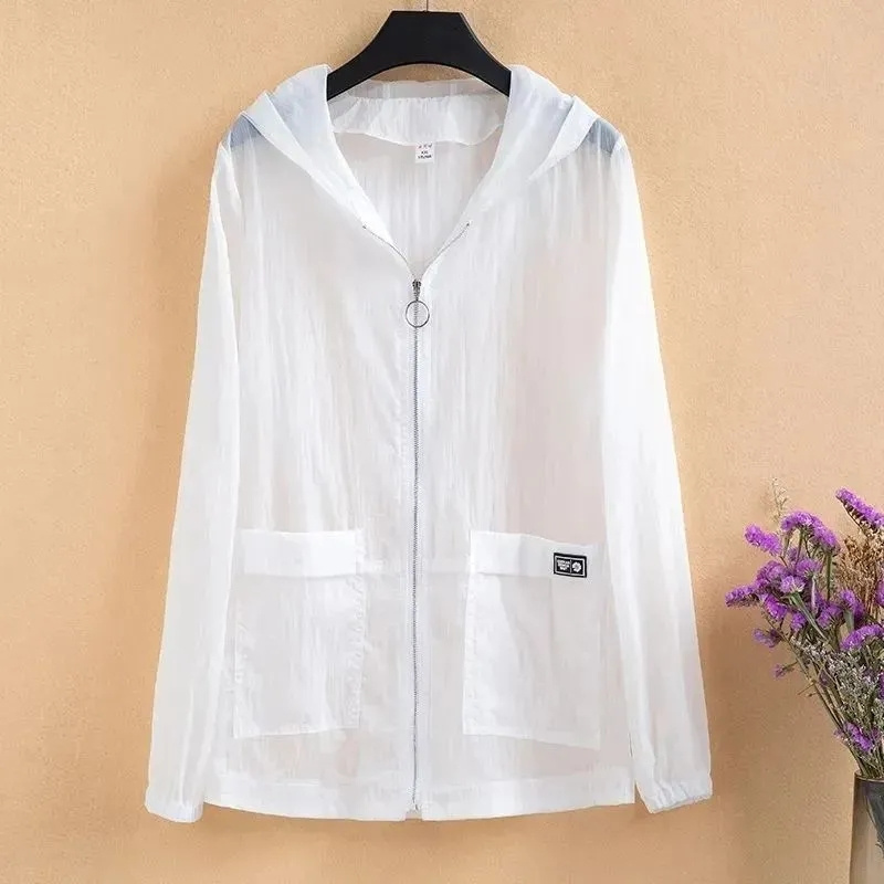 Summer Women Hooded Beach UV Jacket Female Long Sleeve Sun Protection Clothing Windbreaker Ladies Casual Thin Top: L / SKY BLUE