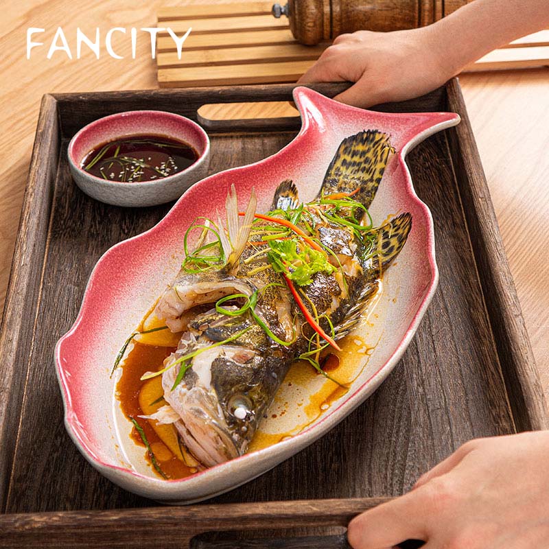 FANCITY Fish Plate Ceramic Steamed Fish Plate Fish Plate Home Japanese Net Red Plate Large Year Fish Plate