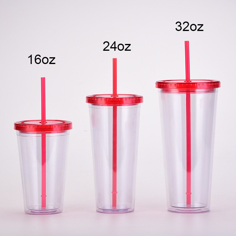 Vasos acrílicos transparentes de doble pared, vaso de plástico con pajillas, reutilizable, para bebidas frías y zumos, 16oz