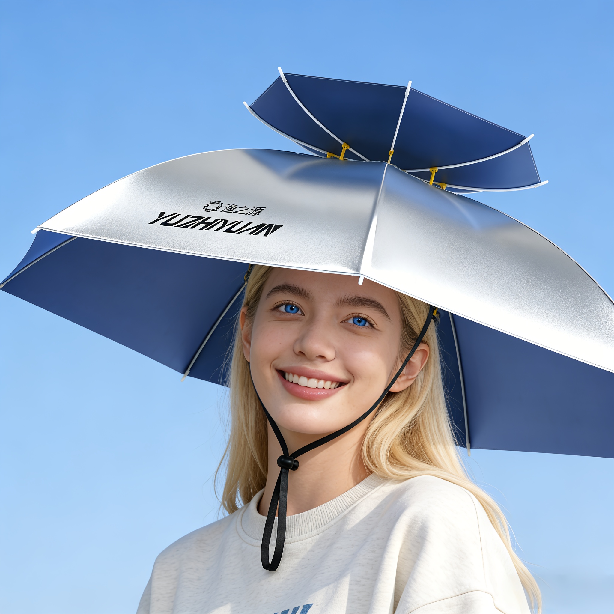 Hoofdgemonteerde zonneparasolhoed | Zilverkleurige lijm met UV-bescherming, handsfree, draagbaar en opvouwbaar voor buitengebruik bij vissen en landbouw